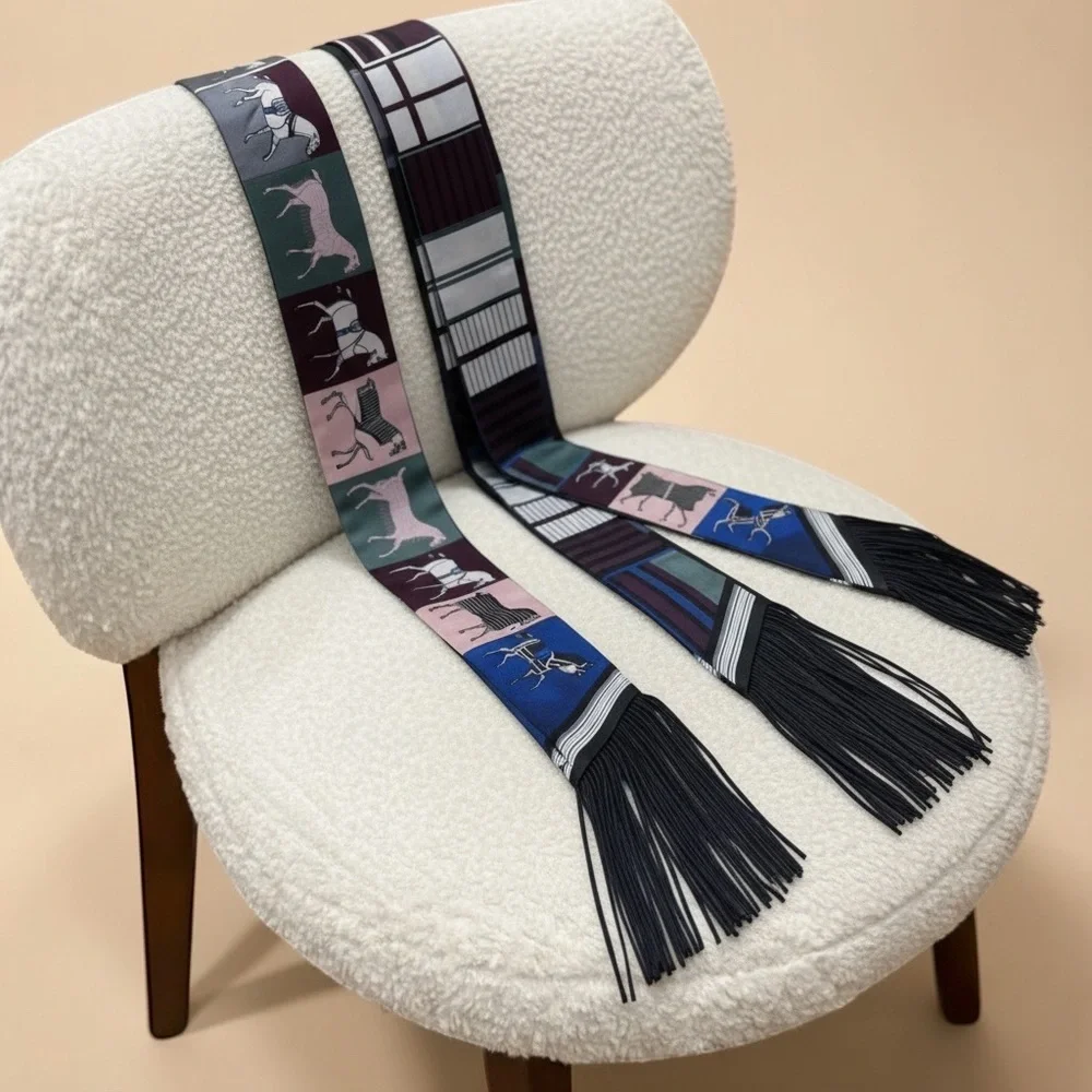 Fringe Handbag Wrap/ Scarf in Color: Blue Fringe with Pink/Blue Horse Pattern